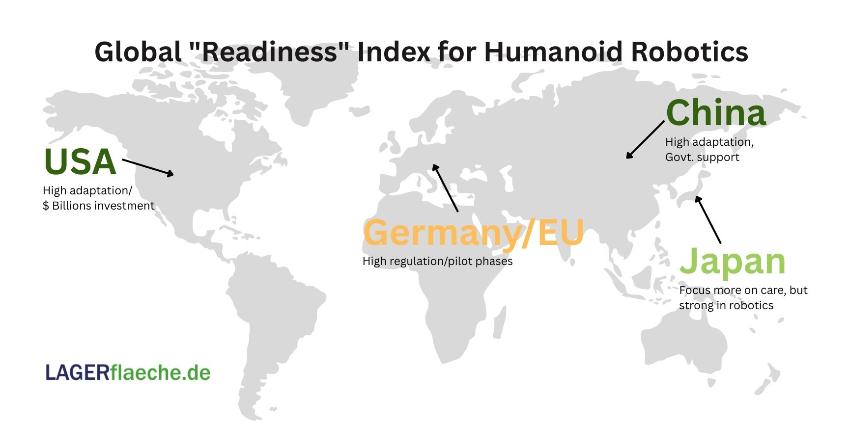 Infographic world map: Global readiness index for humanoid robotics in 2024. Shows high adoption in the US and China (dark green) compared to pilot phases and regulation in Germany and the EU (yellow).